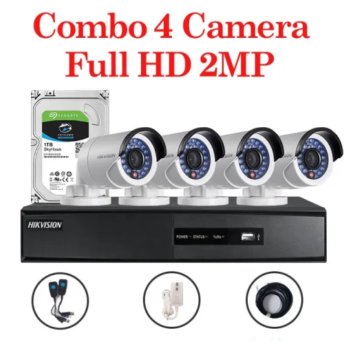 Trọn bộ 4 Camera DS-2CE16D0T-IR + Đầu ghi hình HIKVISION độ phân giải 2MP