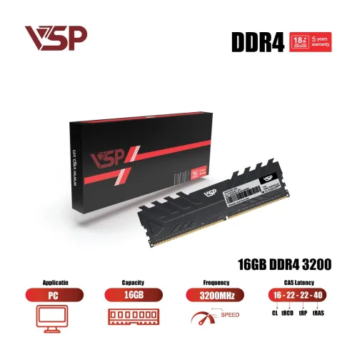 Bộ Nhớ RAM VSP 16GB DDR4 3200MHz (Tản Nhiệt Đen / CL16 / 1.2V) INTEL-AMD