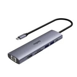 Bộ chuyển đổi đa cổng USB-C RAPOO (XD71) | USB-C to HDMI 4K 60Hz, 2 x USB-A 3.0, RJ45, SD/TF Card, PD - Máy Tính Bàn Đắk Lắk
