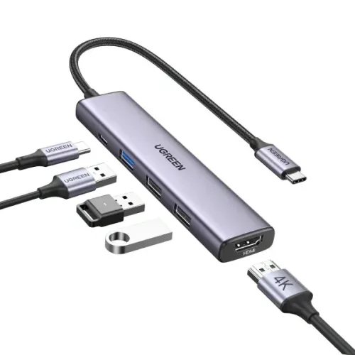 Hub USB Type-C 5 trong 1 ra HDMI 4K@30Hz, USB 2.0, USB 3.0, Sạc PD 100W Ugreen 15495 cao cấp