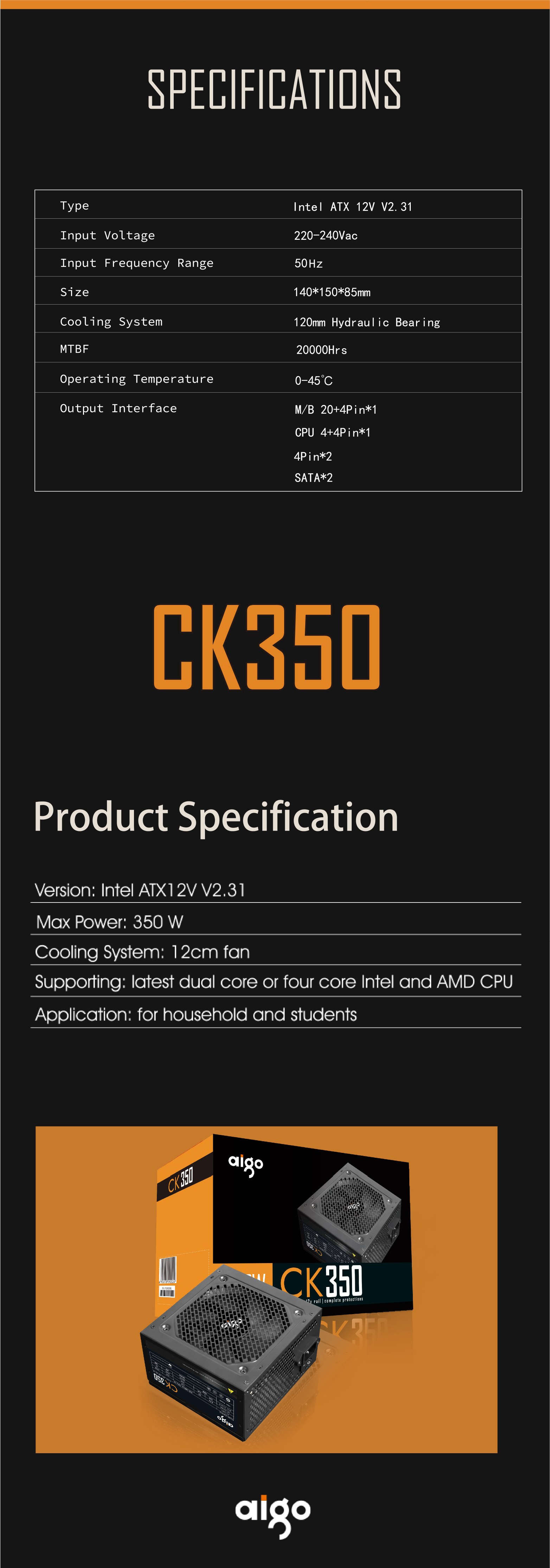 NGUỒN MÁY TÍNH AIGO MODEL CK350 350W