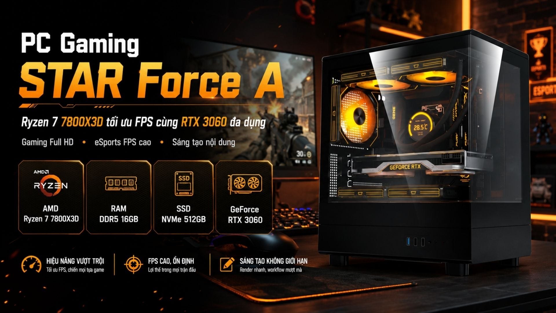 PC Force A - Ryzen 7 7800X3D tối ưu FPS cùng RTX 3060 đa dụng
